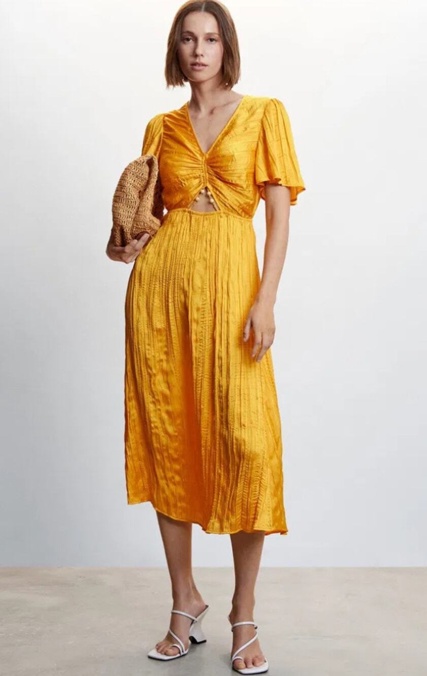 MANGO Side-slit Satin Midi Dress Yellow Beach Coastal Vacation Women's 8 New